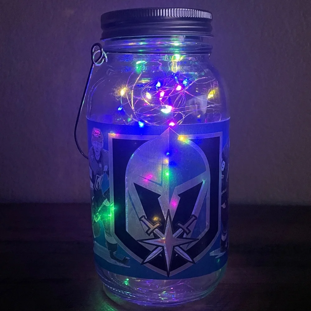 Golden Knights Hockey Theme Light-Up Mason Jar with Handle